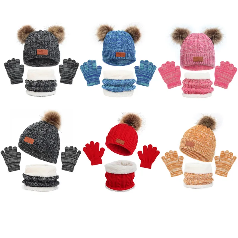 

Autumn Winter Warm Baby Gloves+Beanie Cap+Scarf Set Plush Thicken Pompom Ball Baby Hat 1-5Y Kids Skiing Hand-guard Mittens