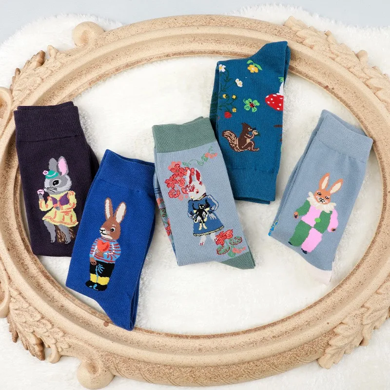 10 pairs of fine cotton women's socks Fairy tale animal tube socks Rabbit cat socks washed combed cotton women's socks
