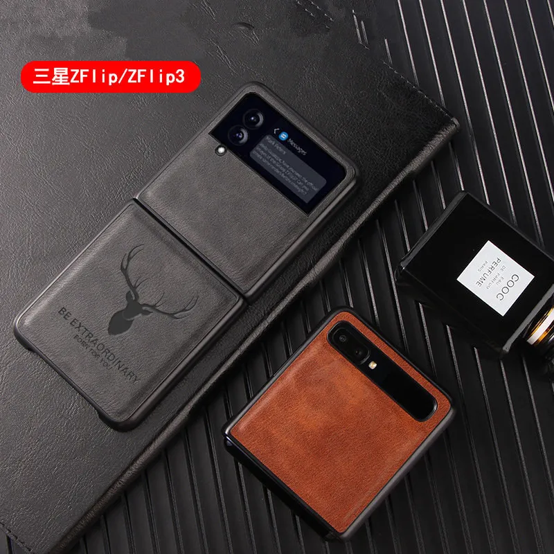 

Luxury Retro Genuine Leather Phone Case for Samsung Galaxy Z Flip 4 3 Fold3 5G Vintage Deer Elk Head Grain Armor Back Cover