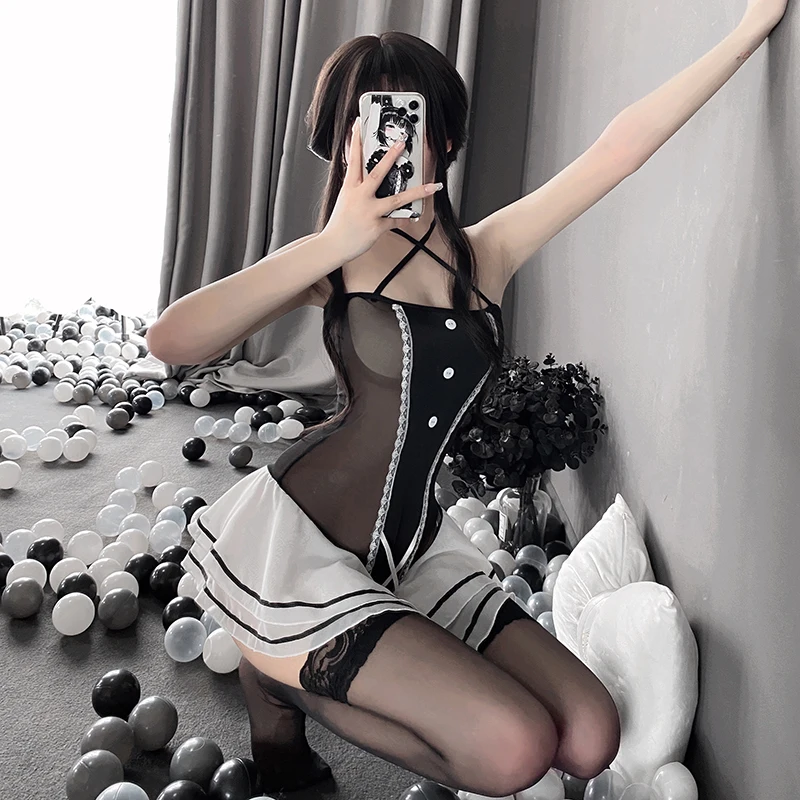 

Maid Skinny Sexy Lace Lingerie Jumpsuit Backless Pajamas Dress Stockings Set Kawaii Slutty Clothes Cosplay sexy nurse lingerie