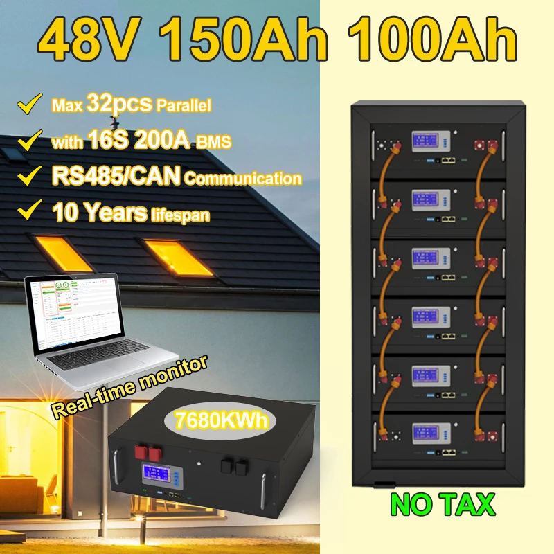 LiFePO4 48V 100Ah 150Ah 200Ah Battery Pack 51.2V 10KWh Energy Storage 16S 200A BMS with RS485 CAN Max 32 Parallel