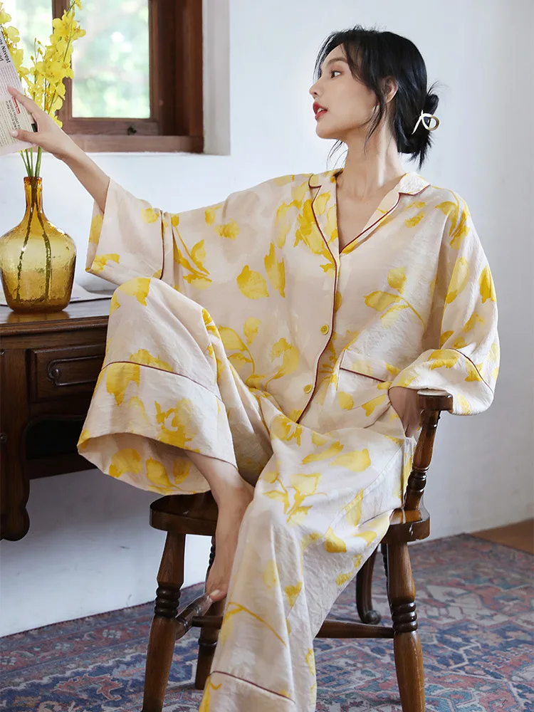 

2PCS Women Print Pajamas Sets Spring Summer M-XL Flare Sleeve Shirts Pyjamas Suit Loungewear Sleepwear Nightwear Home Clothing