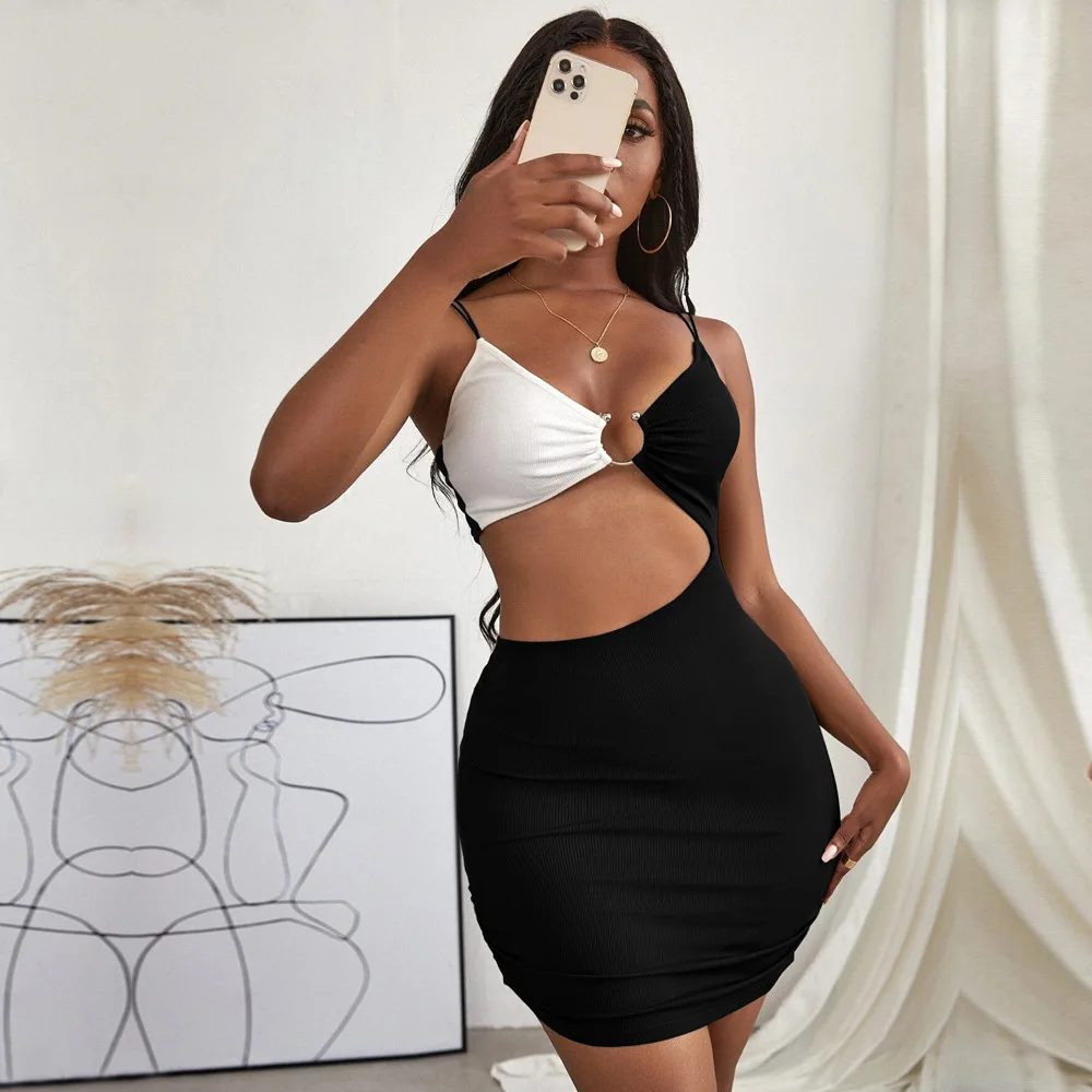 

2022 spring & summer new European and American sexy hollow chest binding splicing suspender dress knitted Hip Wrap short skirt