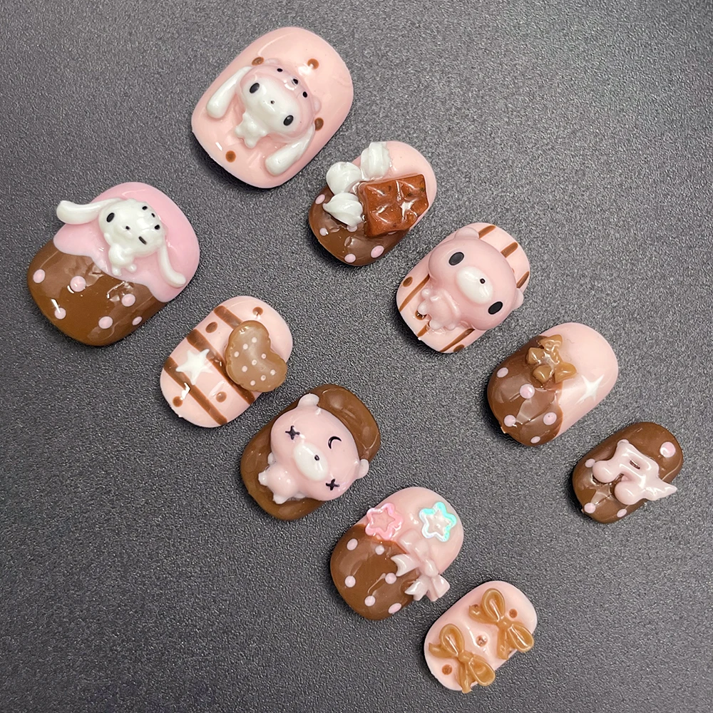 Накладные ногти Kawaii с дизайном кролика, медведя, шоколадного крема, короткие, круглые, милые, розовые, в стиле сладкого печенья, 3D, с мультяшными куклами (art.: 3920d96c38dfd) - 3920d96c38dfd