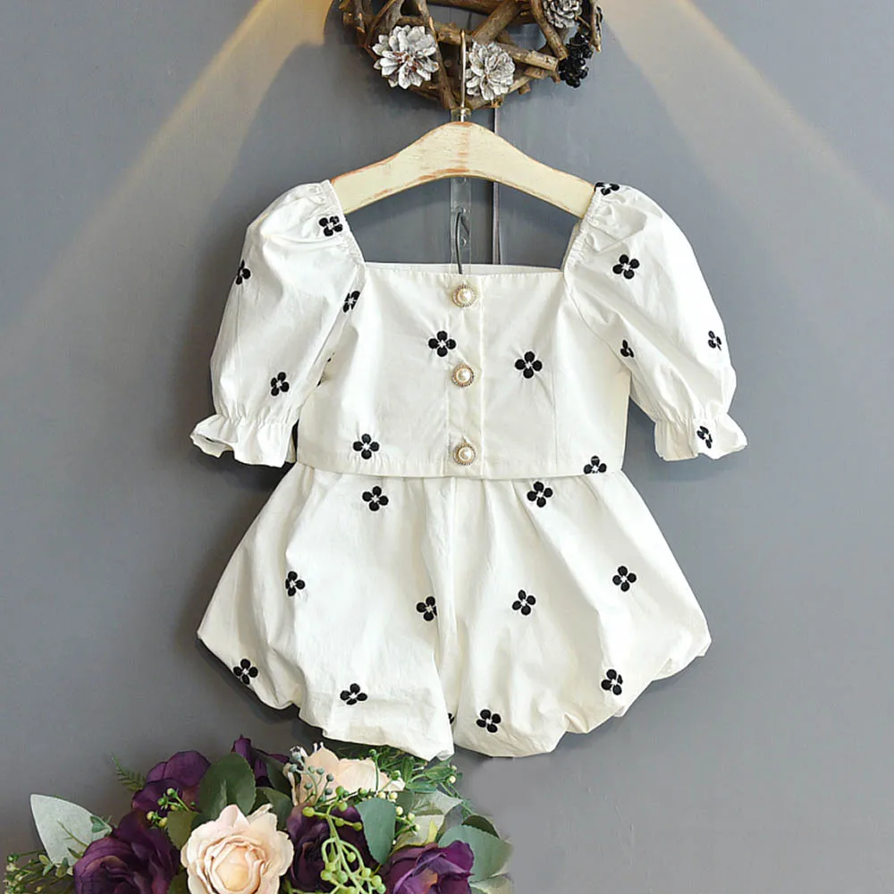 

Summer Girls Clothes New Embroidery Floral Short Sleeve Top + Shorts White Two-Piece Kids Clothing Suits Toddler Girl Clothes