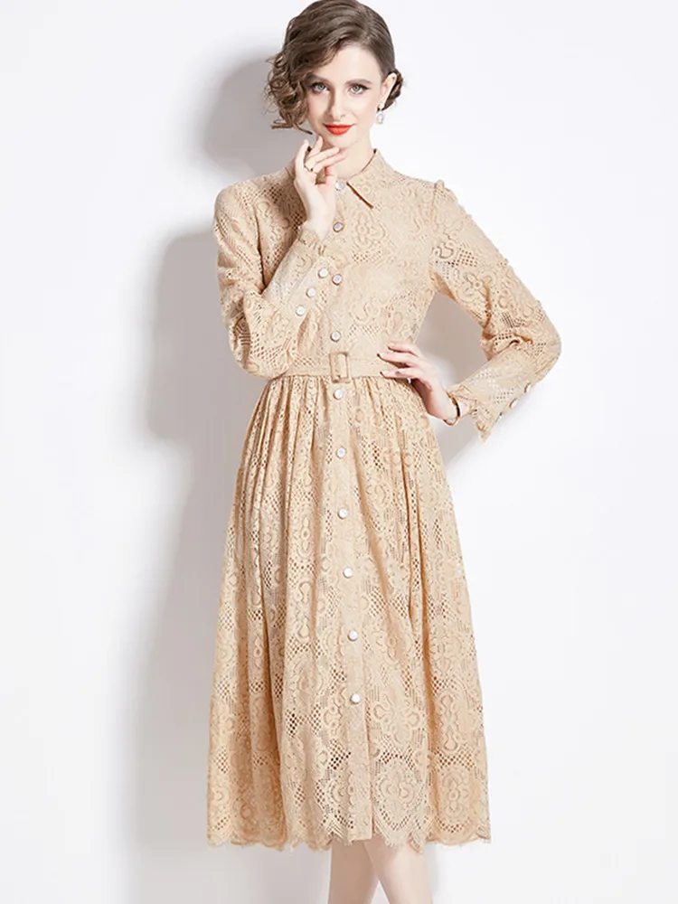 Женское кружевное платье с длинными рукавами винтажное элегантное отворотом и
