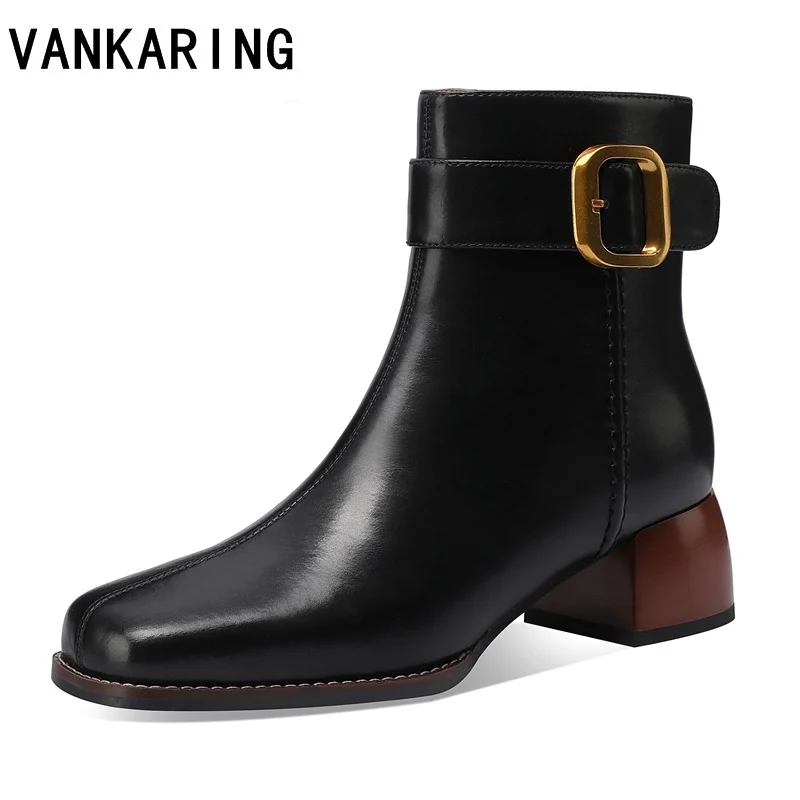 

Ботильоны женские из коровьей кожи, модные ботинки на высоком квадратном каблуке, с металлической пряжкой, ботинки для верховой езды, с боковой молнией, Осень-зима