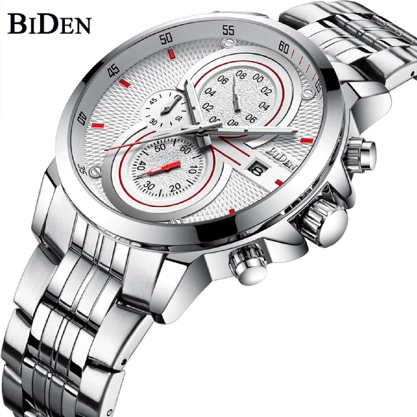 

BIDEN Men Quartz Watch Full Stainless Steel Waterproof Chronograph Sports Wristwatch Male Calendar Clocks Gifts reloj hombre