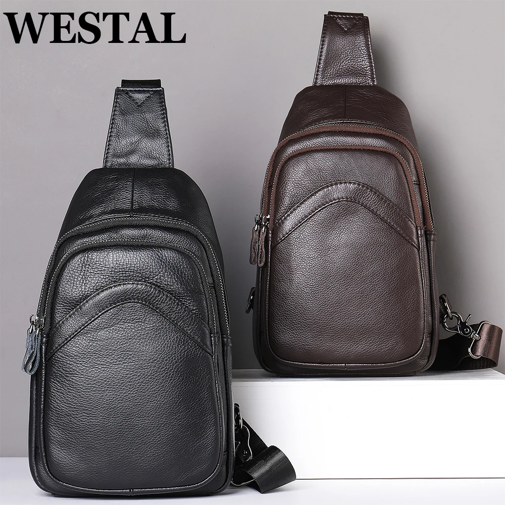 WESTAL Men's Chest Bag Genuine Leather Shoulder Messenger Bag Men Sling Bags Travel Day Pack Black Designer Crossbody Pack 9000