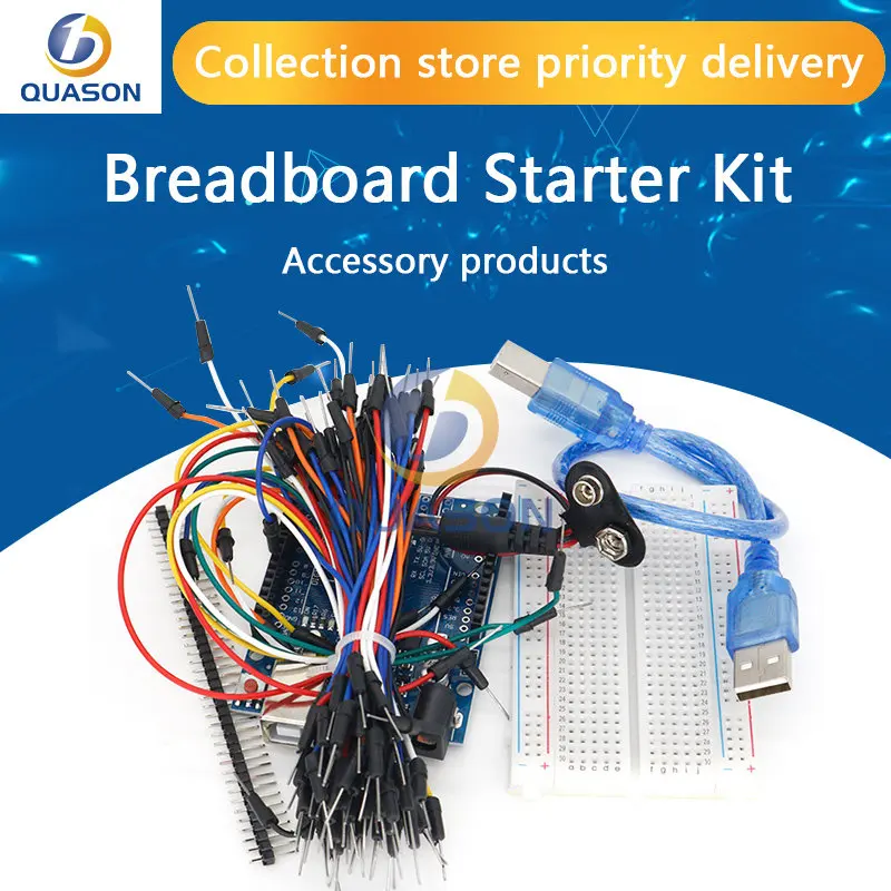 

Starter Kit for Arduino Uno R3 - Bundle of 5 Items: Uno R3, Breadboard, Jumper Wires, USB Cable and 9V Battery Connector