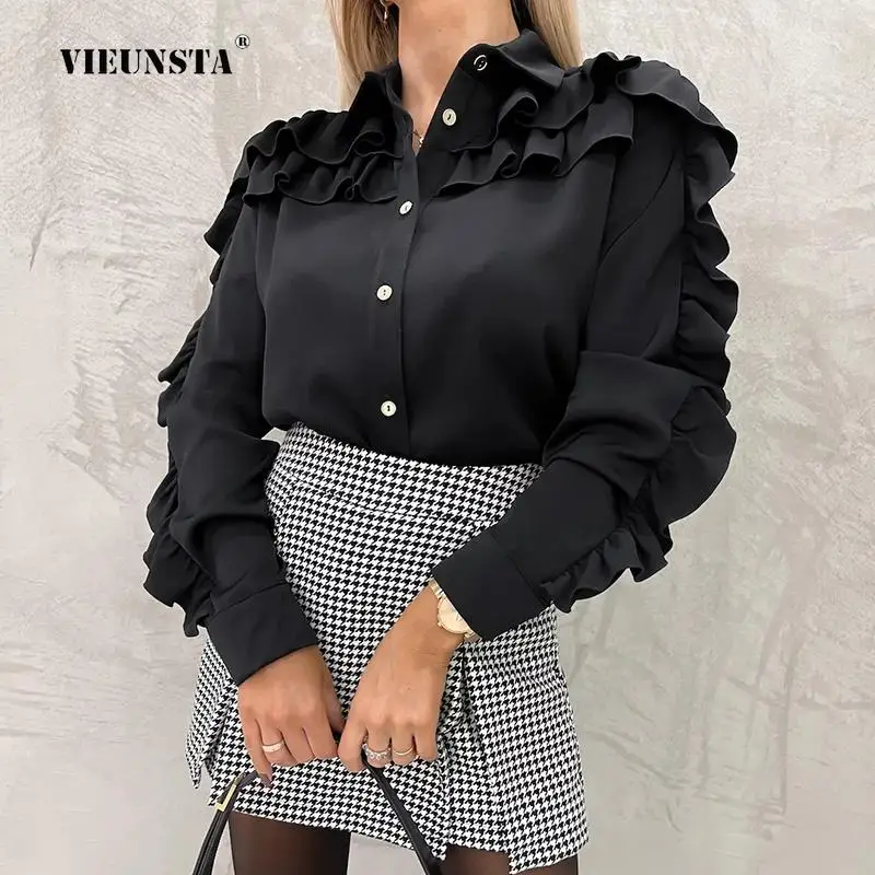 

Casual Long Sleeve Solid Commute Blouses Tops Women Single-breasted Clothes Blusa New Ruffle Turn-Down Collar Office Lady Shirts