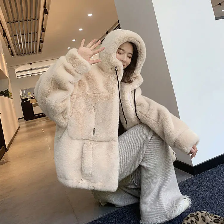 Women's Fur Jacket Famale Loose Faux Rabbit Fur Zip Hooded Thicken 2021 Winter Short Fur Coat Excellent Texture Thick Fur khaki