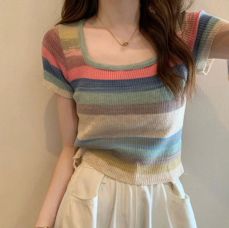 

Square Neck Striped T-shirt Women's Summer Knitting Short Sleeved Short Skinny Top