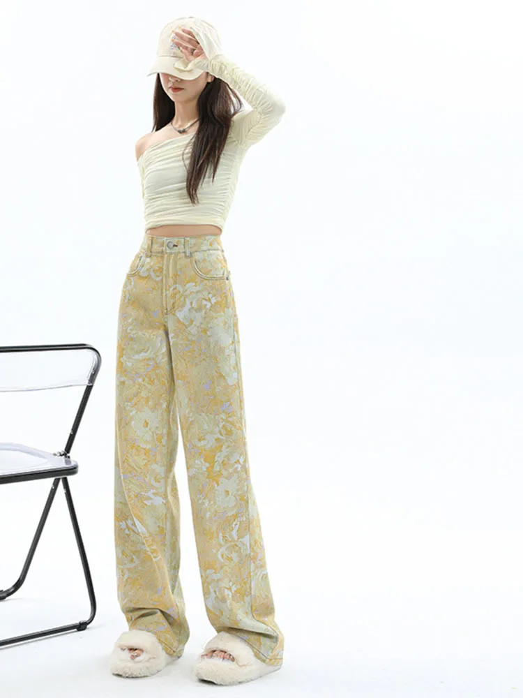 

Прямые винтажные джинсы в уличном стиле с цветочным принтом и высокой талией, женские широкие мешковатые джинсовые брюки полной длины Y2K
