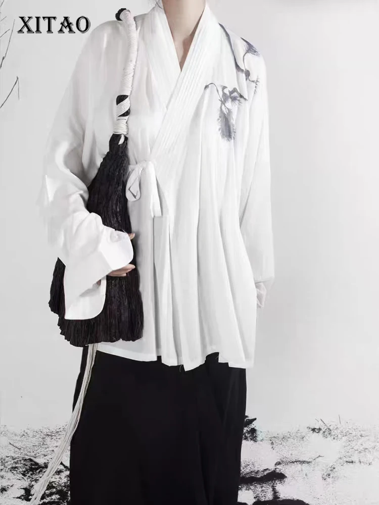 

XITAO Print Loose Full Sleeve Shirt Bandage V-neck Pleated New Chinese Style 2023 Autumn Women New All-match Top HQQ1197