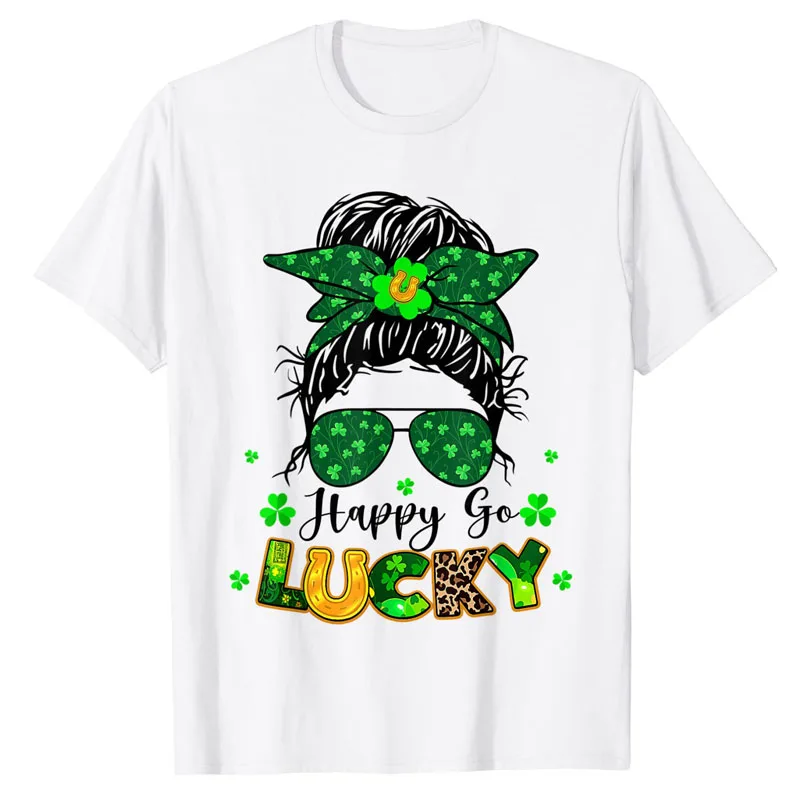 

Women Happy Go Lucky Messy Bun Shamrock St Patrick's Day T-Shirt Women's Fashion Aesthetic Clothes Mama Gift Graphic Tee Y2k Top