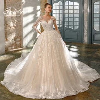 luxury shining wedding dress organza with embroidery ball gown train o neck full sleeve %e2%80%8bbridal gowns lace up robes de mari%c3%a9e
