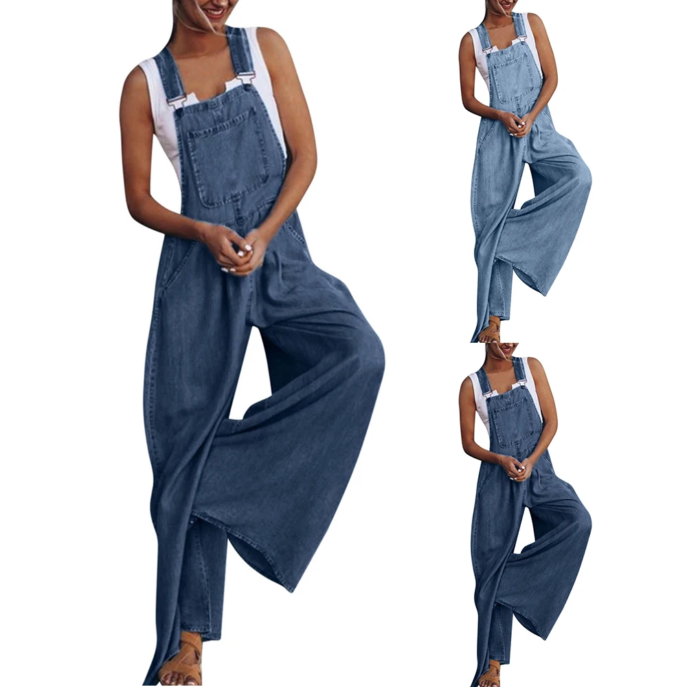 

High Street Women Denim Overalls Summer Big Pocket Jeans Loose Wide Legs Pants Jeans Fashion Blue Jeans Female Clothes