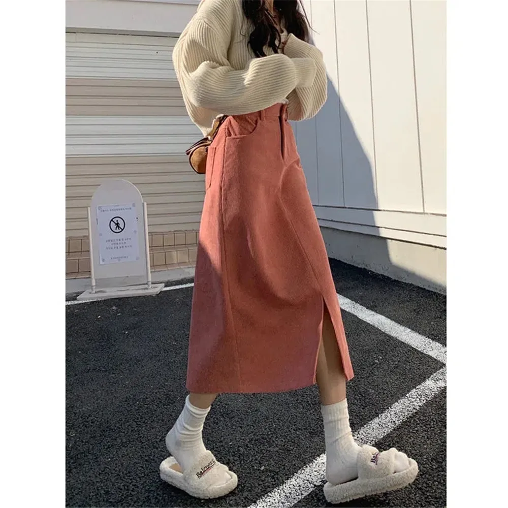 

Vintage Corduroy Slit Midi Skirt Women High Waist Fashion Ulzzang Autumn New Harajuku Korean Clothes Faldas Elegant Ol All-Match