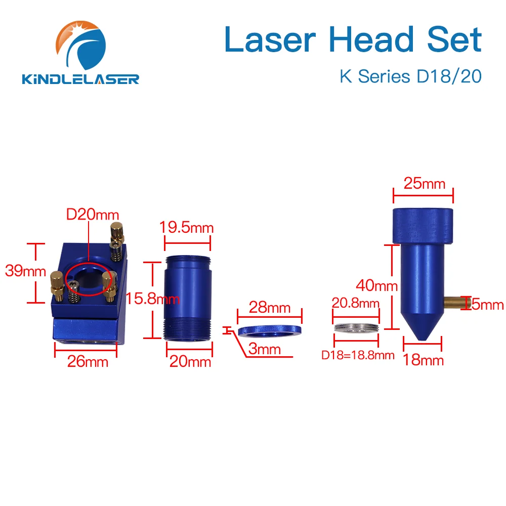 Лазерная головка KINDLELASER серии K CO2 набор линз Dia12/18/20 мм зеркальный диаметр 20 для