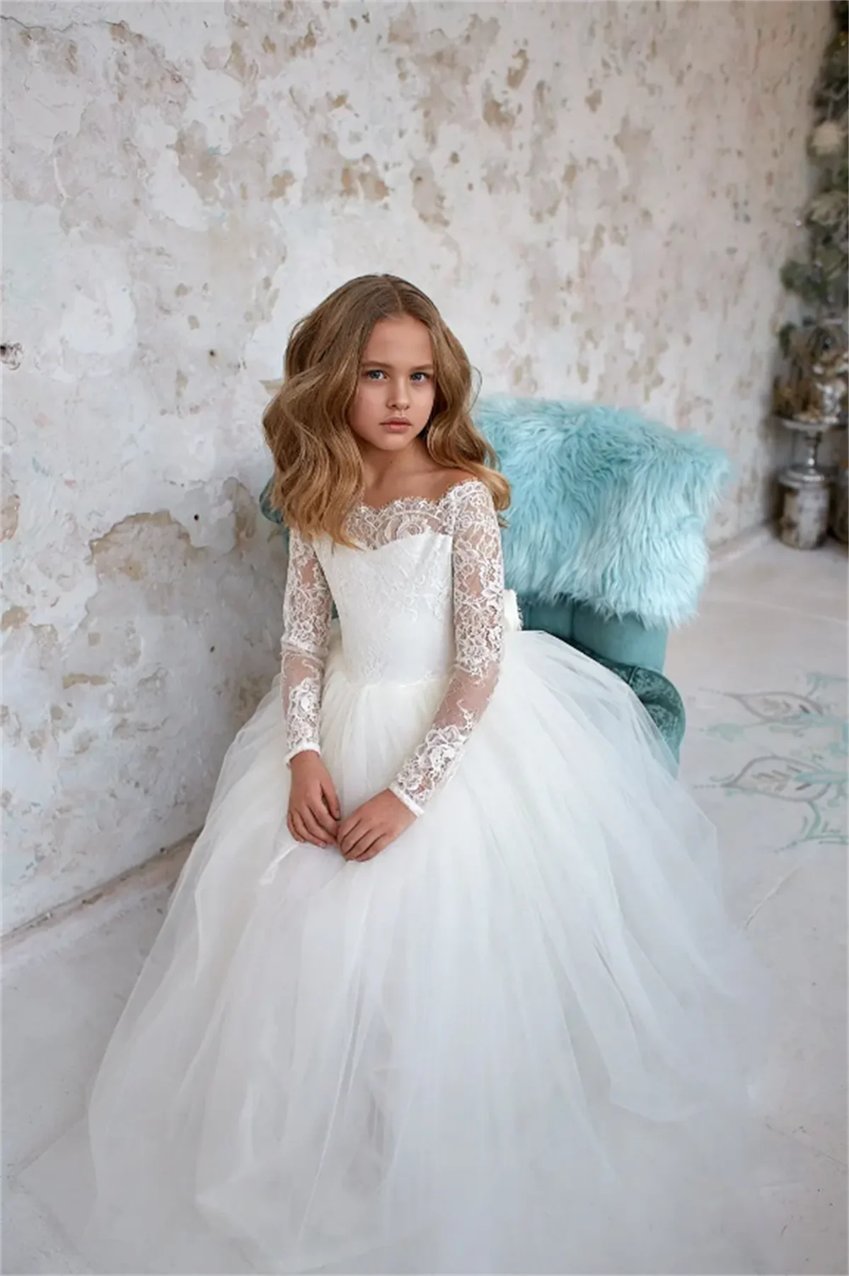 

Flower Girl Dress White Fluffy Tulle Lace Bow Long Sleeve Wedding Cute Flower Child's First Eucharist Birthday Party Dress