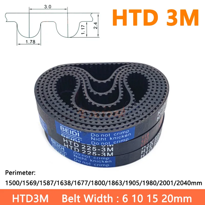 

1pc HTD 3M Timing Belt Width 6/10/15/20 1500/1569/1587/1638/1677/1800/1863/1905/1980/2001/2040mm Rubber Closed Synchronous Belt
