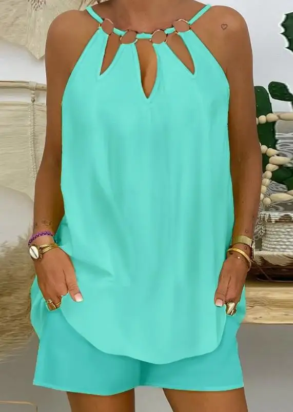 

Women's Shorts Set Summer 2023 New Solid Color O-Ring Decoration Sleeveless Top and Casual Shorts Set Fashionable Women's Suits