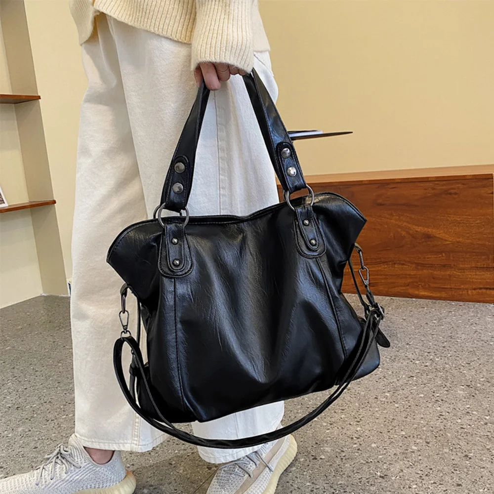 Купи Black Leather Tote Bags Women Luxury Designer Vintage Versatile Handbags Casual Large Capacity Ladies Shoulder Shopper Bag за 1,847 рублей в магазине AliExpress