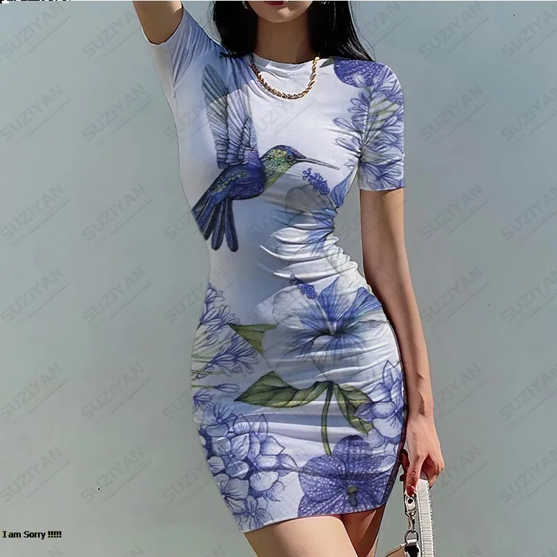 

Summer tight fitting women's short sleeved round neck dress 3D printed temperament slim fitting women's sexy slim fitting dress