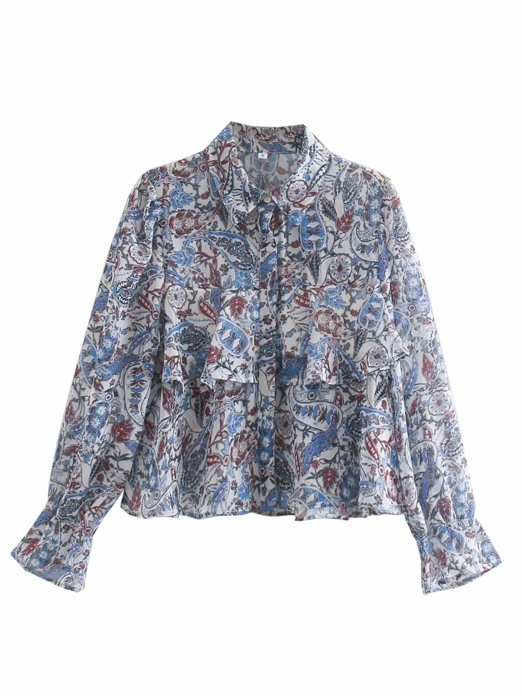 

Women Paisley Printing Chiffon Cascading Ruffle Shirt Casual Femme Long Sleeve Blouse Lady Loose Tops Blusas S8113