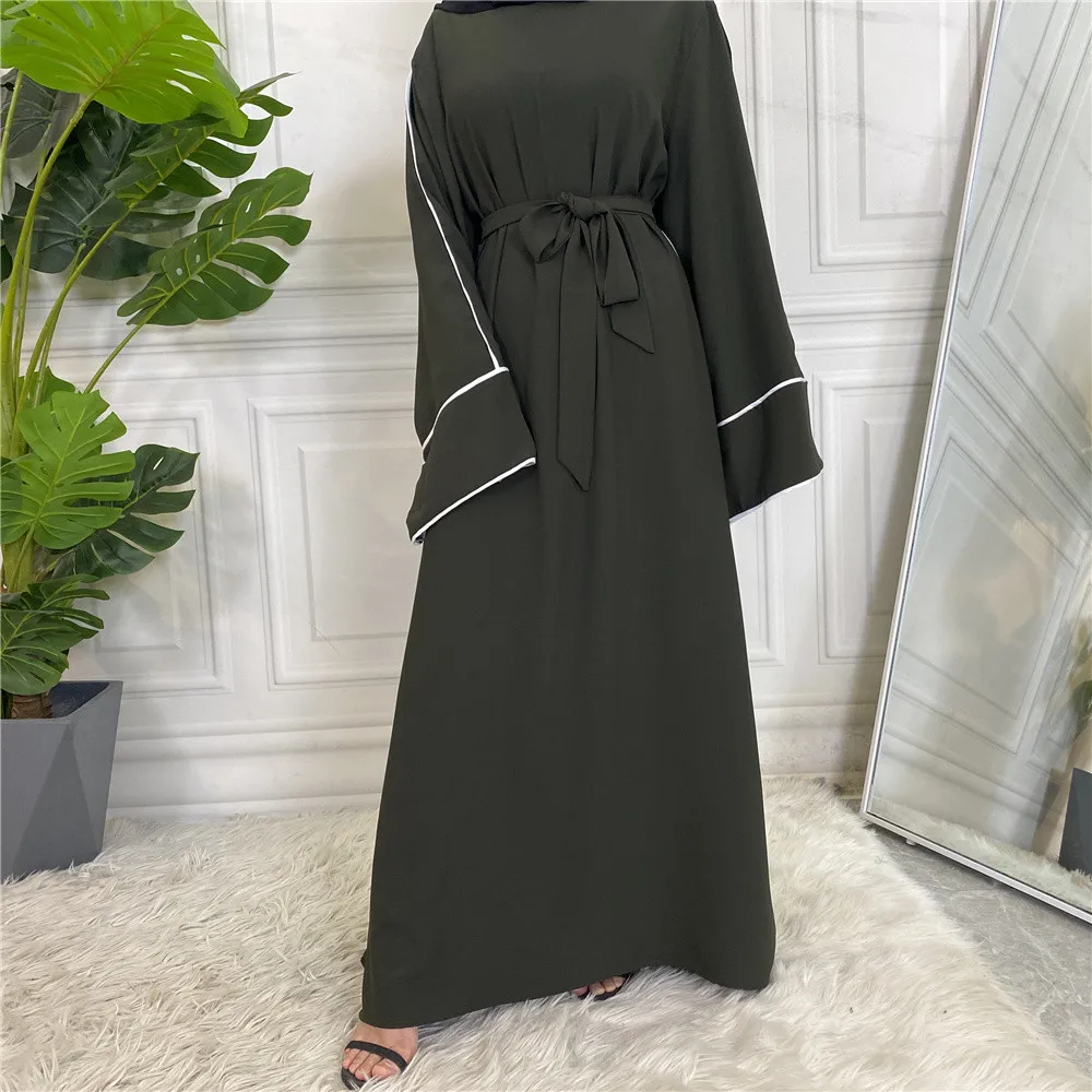 Ramadan Muslim Fashion Long Arabic Hijab Dress Solid Color Islam Clothing Belted Abaya Dubai Turkey African Dresses for Women