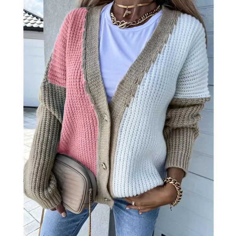 

2023 Autumn/Winter Long Sleeve Patchwork Coat V-neck Knitted Sweater Fashion Jacket Casual Loose Single Breasted Cardigan 27955
