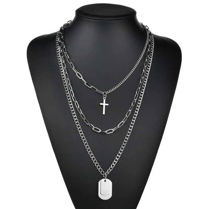 

Gothic Stainless Steel Hip Hop Punk Lock Cross Pendant Necklaces Tag Multilayers Chain link Necklaces for women men Jewelry