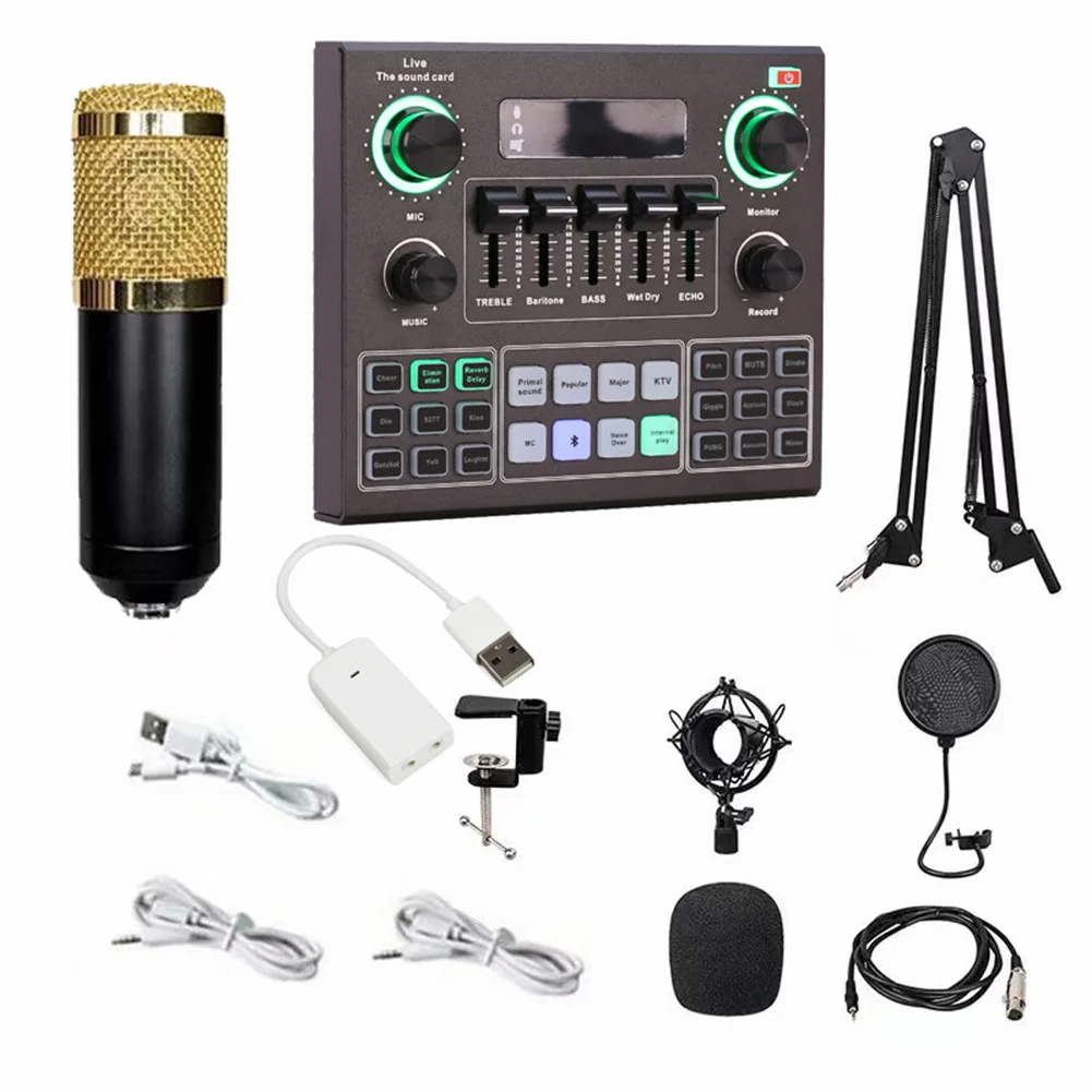 V9 Live Sound Card Suspension Mic Kit Broadcasting Recording Condenser Mic Set+Bm800 Capacitive Microphone+boP+shockproof Rack