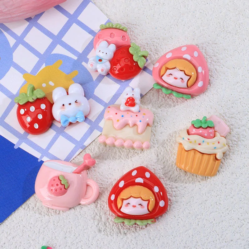 

Kawaii Resin Cartoon Strawberry Gril Rabbit Flat Back Cabochon Crafts DIY Scrapbooking for Decor Accessories