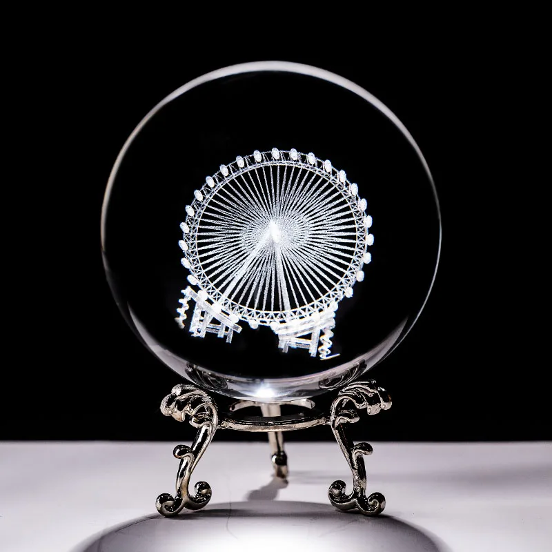 

6CM Crystal Laser Engraved Ball Glass Sphere Ferris Wheel Model ornaments Home Decorative figurine Miniature globe Gifts