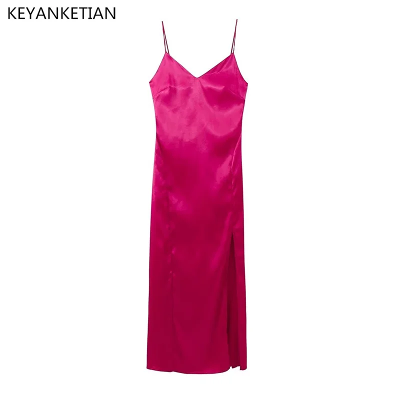 

KEYANKETIAN Summer New Silk Satin Texture Rose Suspender Dress French Slim High Waist V-Neck Ankle-Length Skirt Women Thin