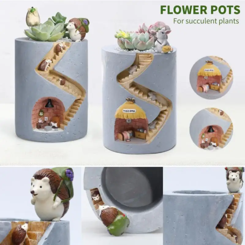 

2022 New Creative Plants Flower Pots Ornaments For Succulent Plants Pot Decorated Desk Garden Living Room With Hedgehog Family