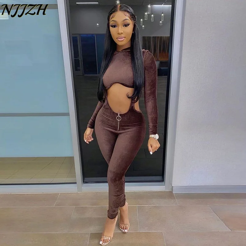 

NJJZH 2022 spring Summer Fashion Women Sexy Sports Solid Crewneck Long Sleeve pack hip hooded Zipper High Waist Slim Pant Sets