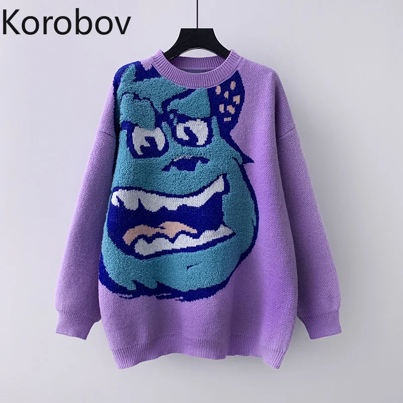 

Пуловер Korobov Harajuku с мультяшной вышивкой, свитер, корейский с круглым вырезом и длинным рукавом, милые Джемперы, женский свитер