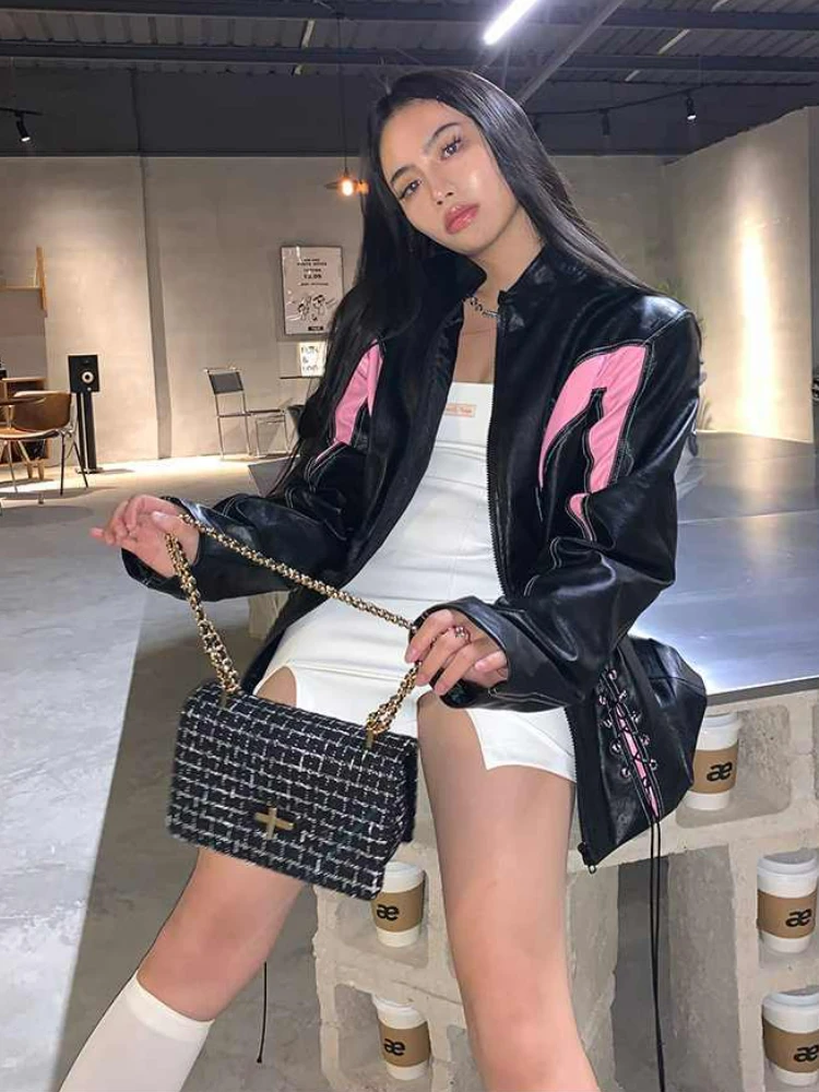 Autumn Motorcycle Leather Jacket Women Patchwork Chic Belt Loose Biker Jacket Female Casual Warm Korean Fashion Coat 2022 Summer