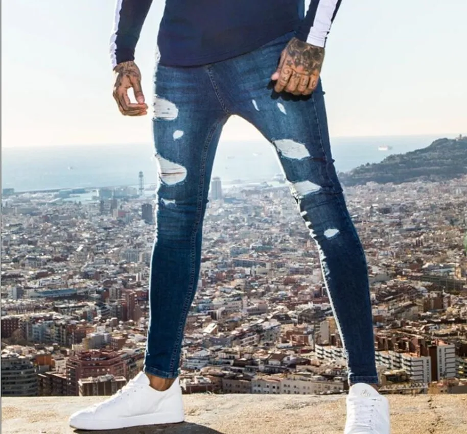 Fashion Men's Stretch skinny Jeans Blue Ripped  Solid Color Slim Pencil Pants Casual Hole Design Denim Streetwear
