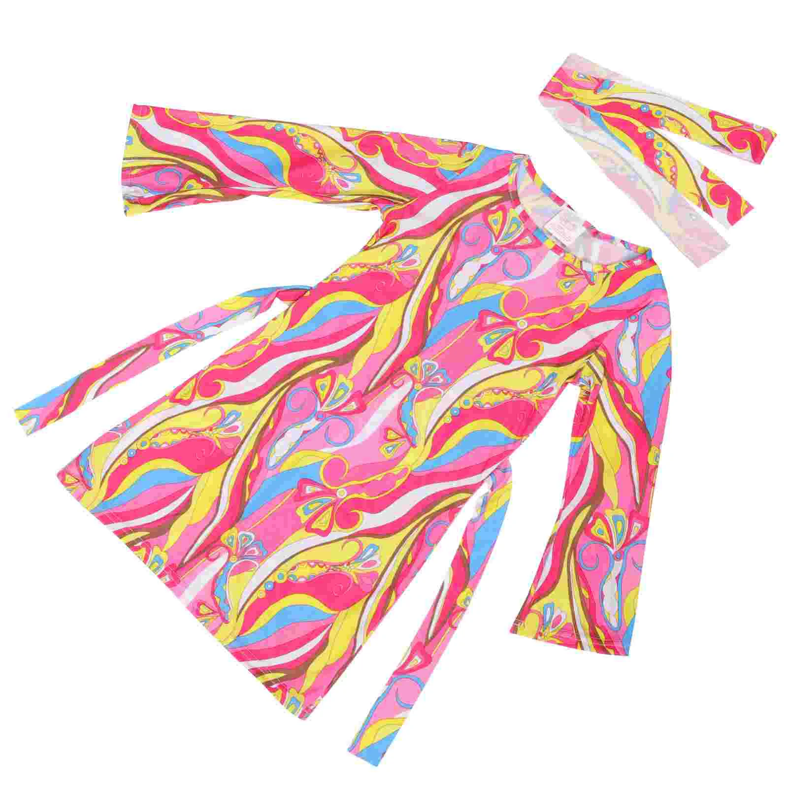 

1 Set Retro Disco Dress Long Sleeve Dress Little Girl Dress Disco Costume with Headband