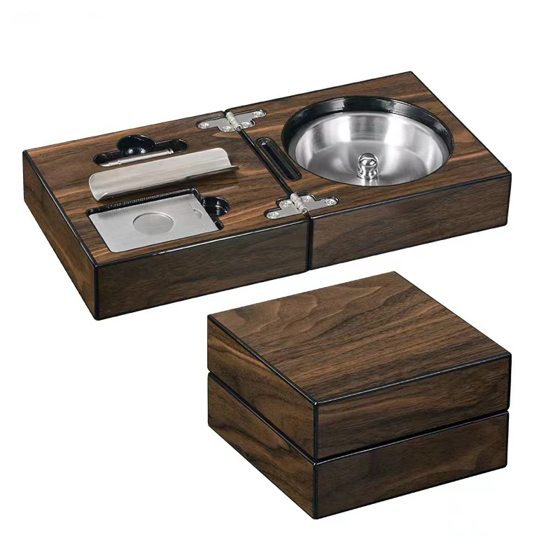 

Walnut Foldable Cigar Ashtray with Cutter Perforated Mahogany Portable Folding Ashtray, Cigar Accessories Cigar Tray Humidor