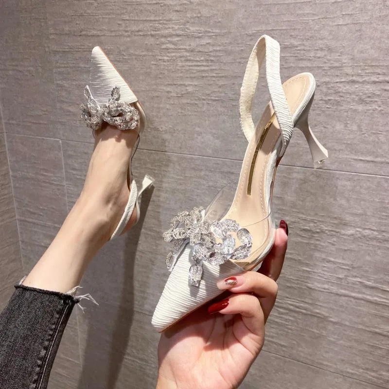 High Heel Sandal for Women Bow Shoes High-heeled Fashion Sexy Rhinestone Outside Pointed 2023 Low Closed Girls PU Scandals Rome