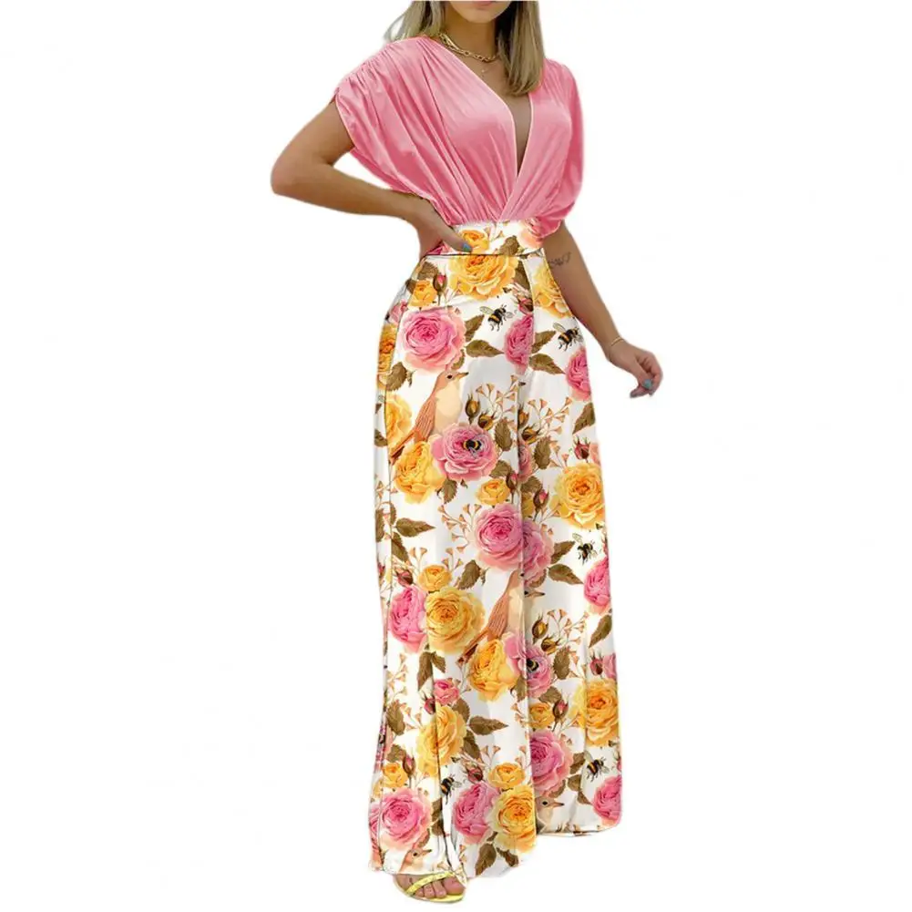 

Женский спортивный костюм с принтом, плиссированная рубашка с V-образным вырезом, брюки с широкими штанинами, летние комплекты с коротким ру...