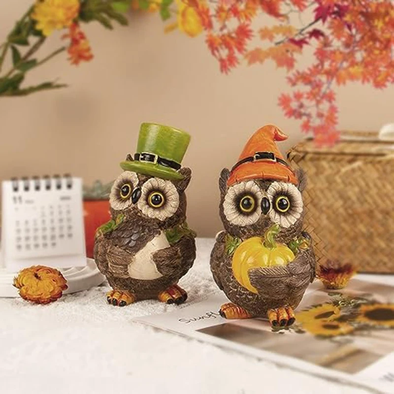 

2 PCS Owls Statue Fall Resin Bird Figurines Ornaments Cute Bedroom Decor As Shown Resin For Women Thanksgiving Decorations