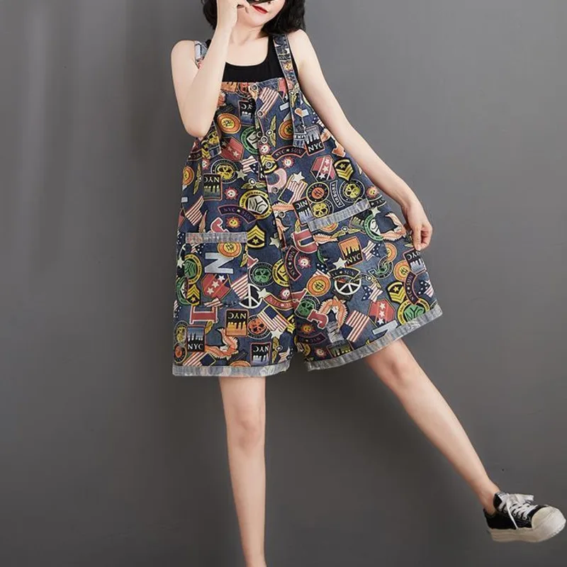 

New Summer Korean Preppy Style Jumpsuit Denim Overalls Casual Cartoon Printed Baggy Jeans Shorts Women Kawaii Cute Strap Rompers