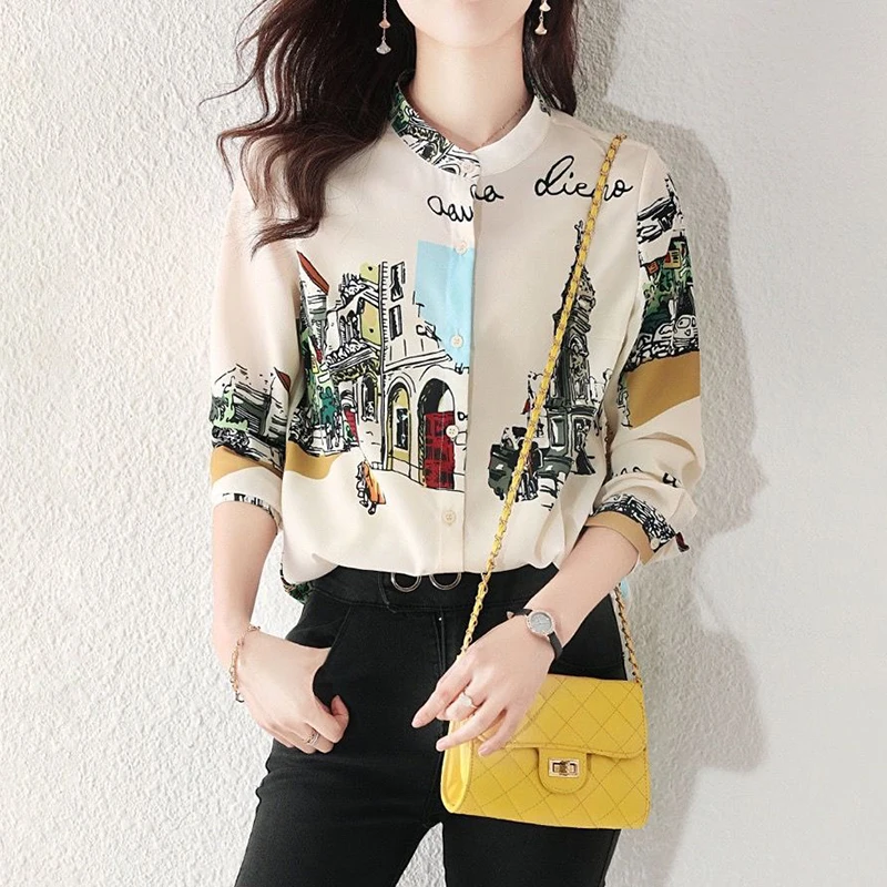

2022 Ladies Spring Autumn Trend Vintage Fashion Printed Chiffon Blouse Slim Harajuku Buttons O-neck Long Sleeve Women Shirts