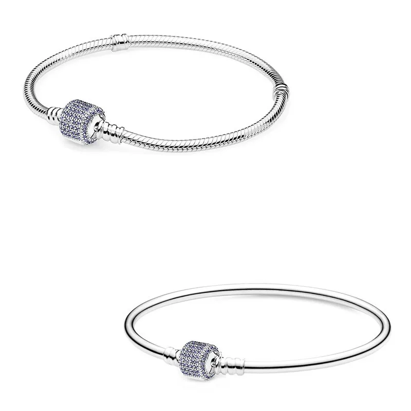 

Authentic 925 Sterling Silver Moments Blue Logo Signature Barrel Clasp Bracelet Bangle Fit Bead Charm Diy Fashion Jewelry